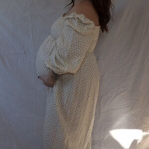 Elegant Cream Long Sleeve Maternity Dress